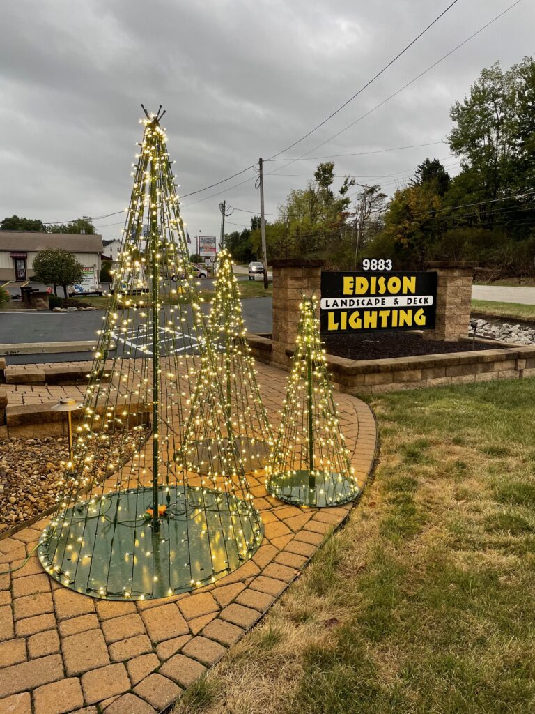 Edison Lighting Christmas Trees in Front of Edison Sign