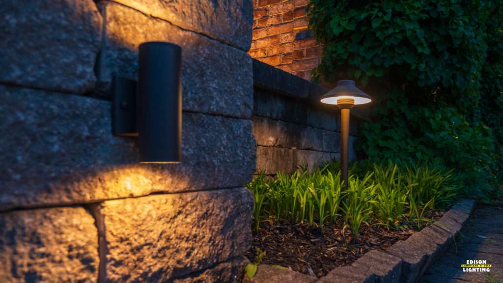 Professional downlighting fixture mounted on a stone pillar alongside low-profile path lights illuminating landscaping
