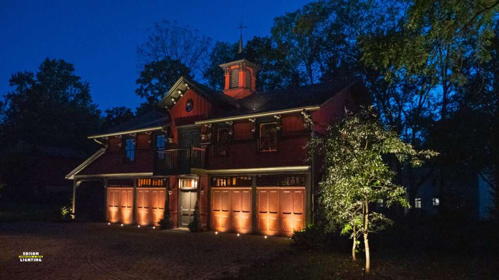 Dramatic uplighting on garage doors